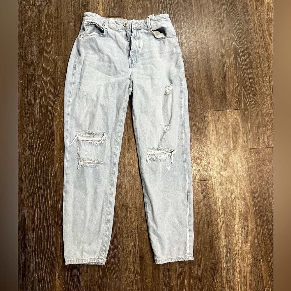 Zara high rise, light washed ripped jeans